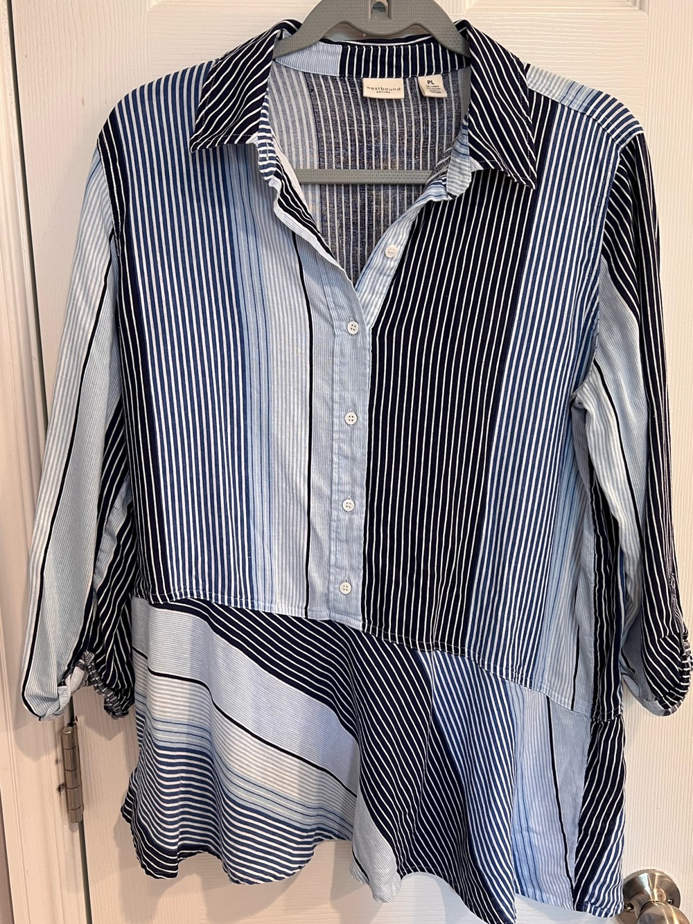 Linen Blend Navy and Light Blue Striped Button-Front Tunic PL Women’s Blouse Top